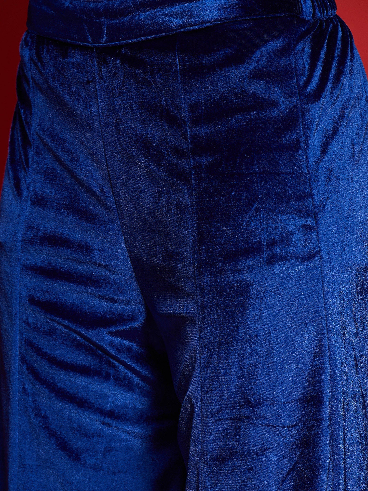 Women Royal Blue Velvet Emb V-Neck Short Kurta With Palazzos