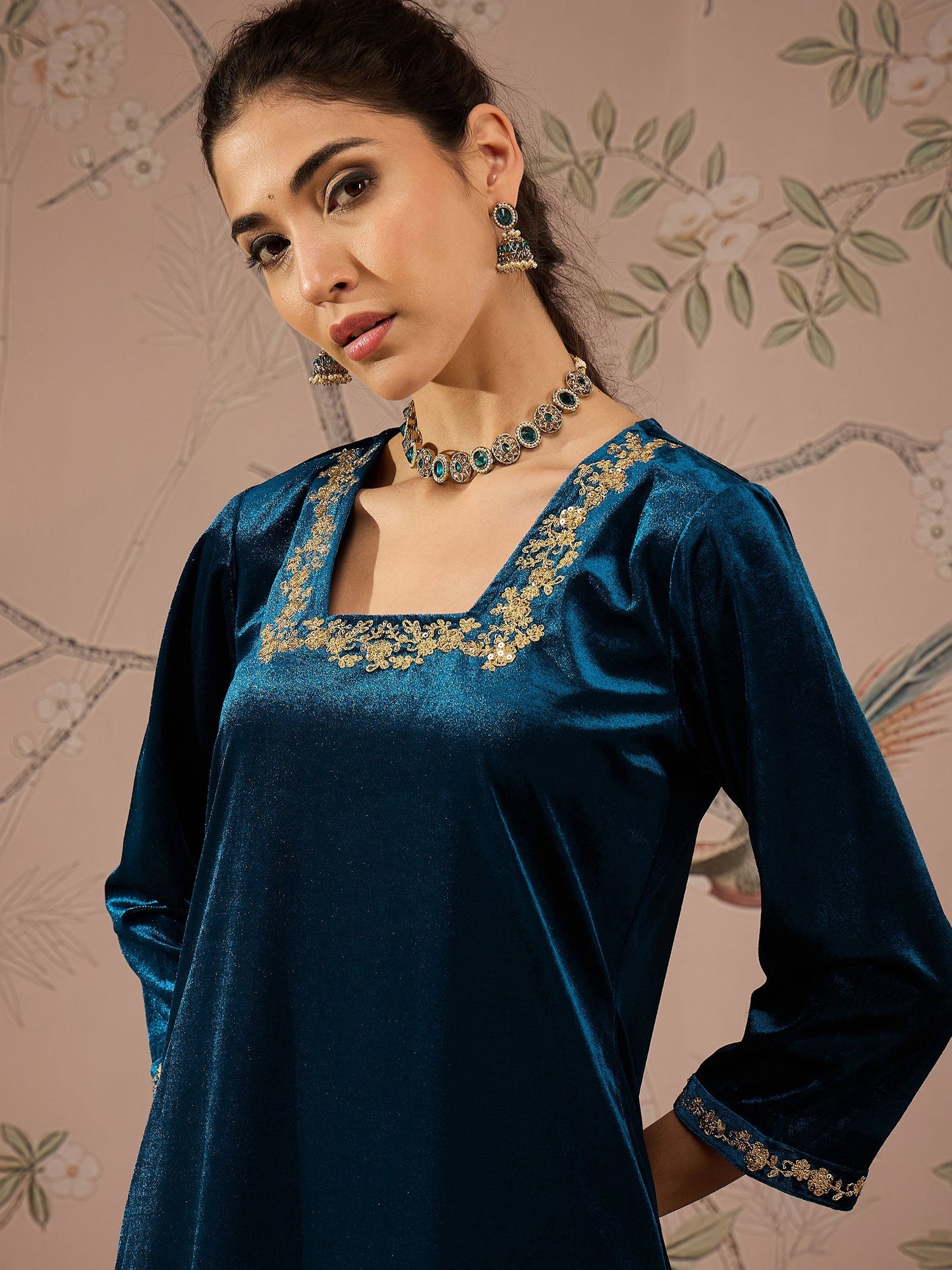 Women Teal Velvet Embroidered Straight Kurta With Afghani Pants