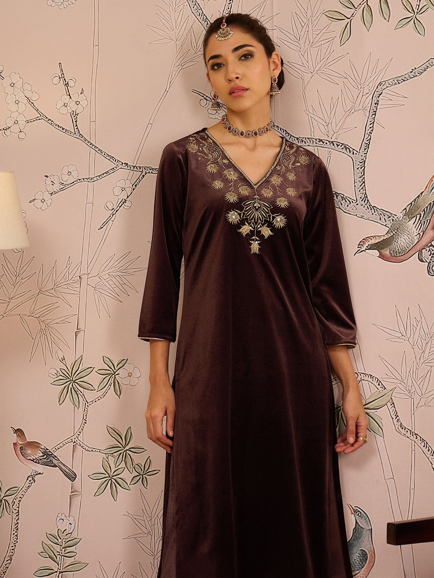 Women Brown Velvet V-Neck Front Embroidered Kurta