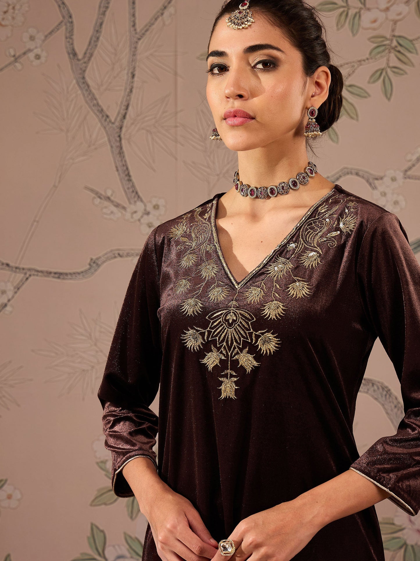 Women Brown Velvet V-Neck Front Embroidered Kurta