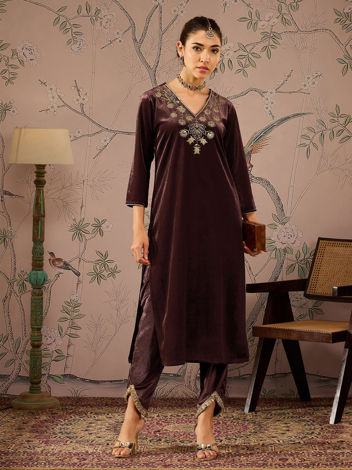 Women Brown Velvet V Neck Embroidered Kurta With Tulip Pants