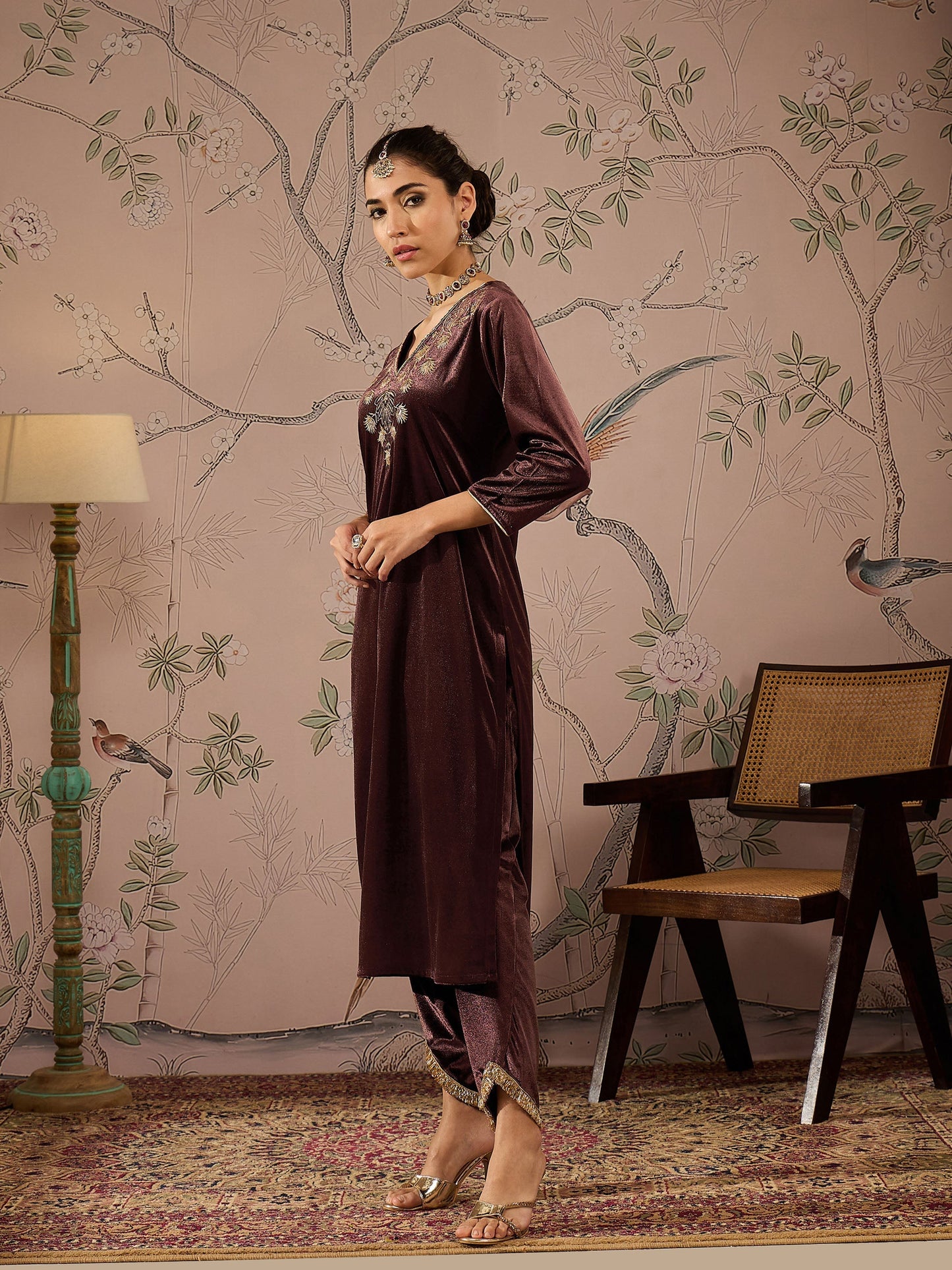 Women Brown Velvet V Neck Embroidered Kurta With Tulip Pants