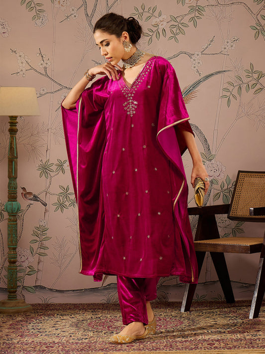 Women Fuchsia Velvet Embroidered Kaftan Kurta With Straight Pants
