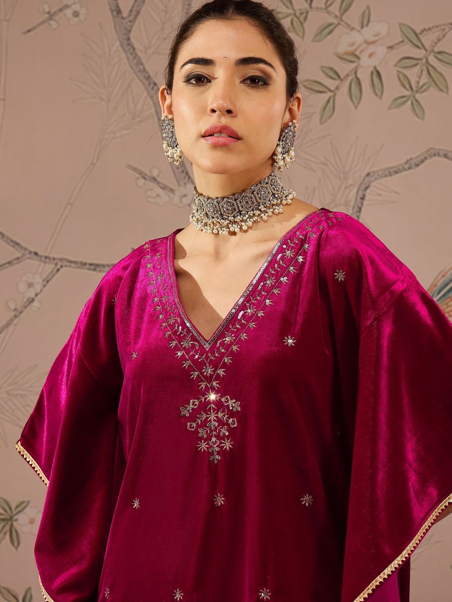 Women Fuchsia Velvet Embroidered Kaftan Kurta With Straight Pants