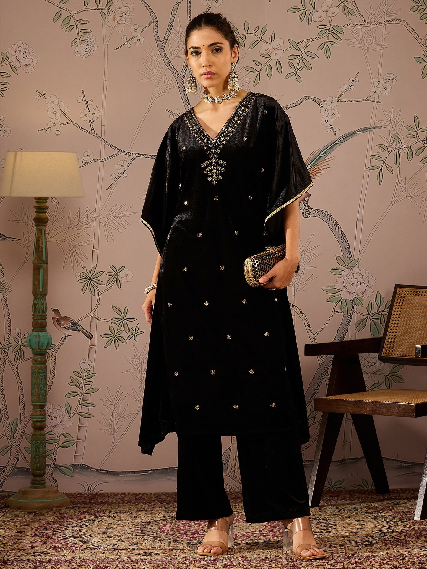 Women Black Velvet Front Embroidered Kaftan Kurta