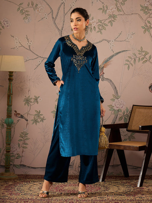 Women Teal Velvet Full Sleeves Embroidered Straight Kurta