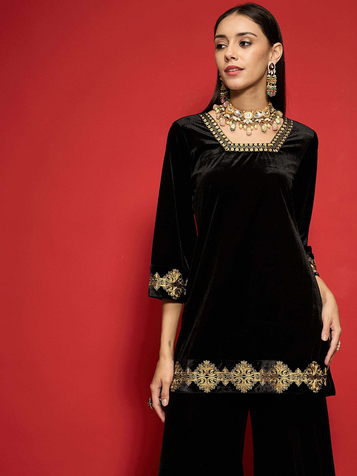 Women Black Velvet Front Embroidered Glass Neck Short Kurta