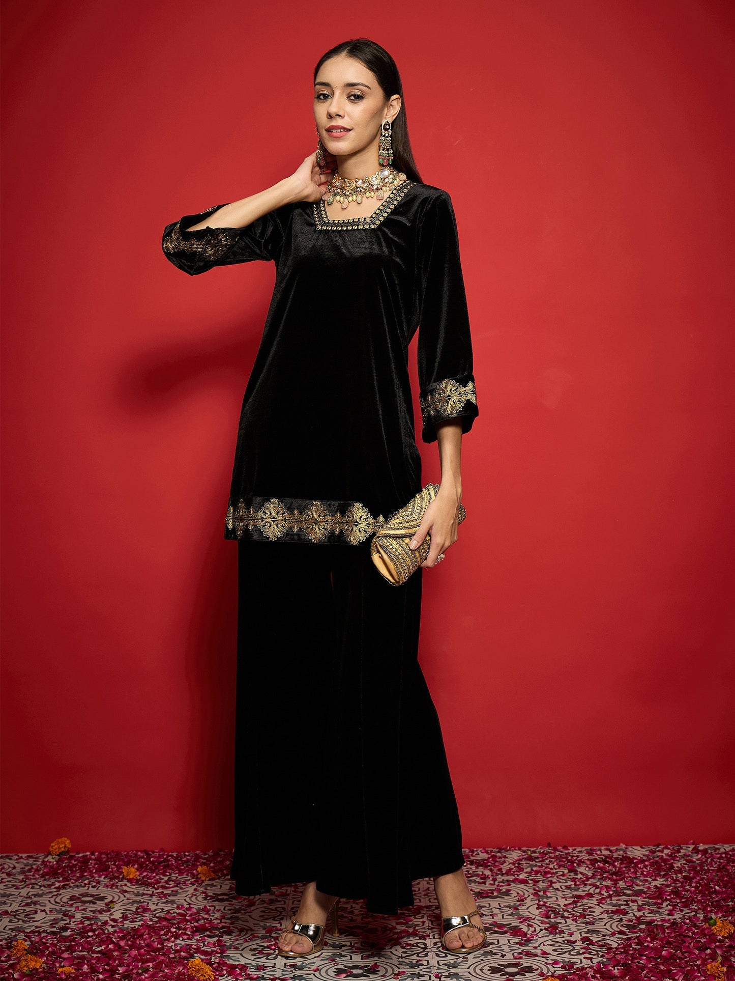 Women Black Velvet Front Embroidered Glass Neck Short Kurta