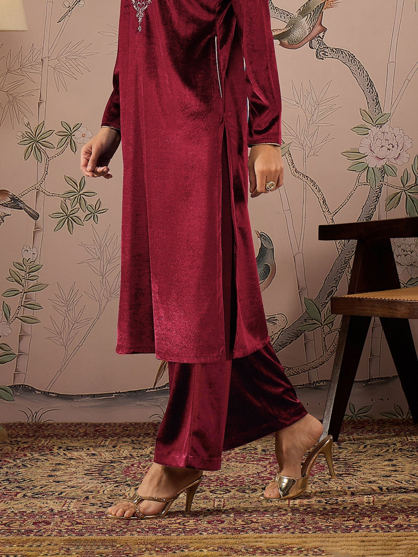Women Maroon Velvet Elasticated Straight Pants