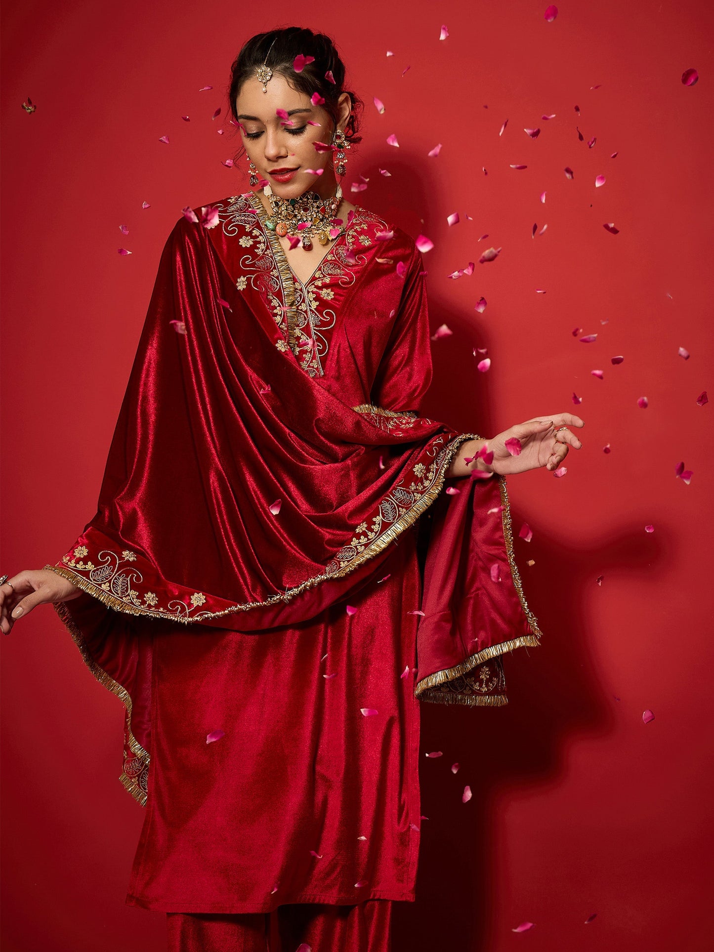 Women Red Velvet All Over Embroidered Dushala