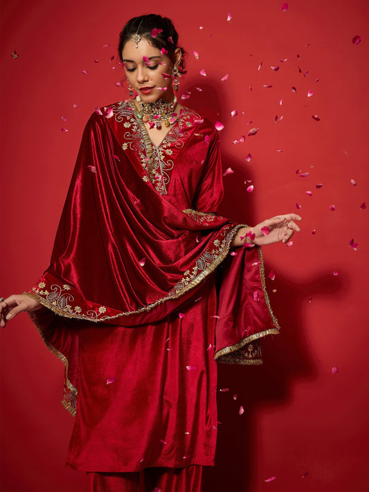 Women Red Velvet All Over Embroidered Dushala