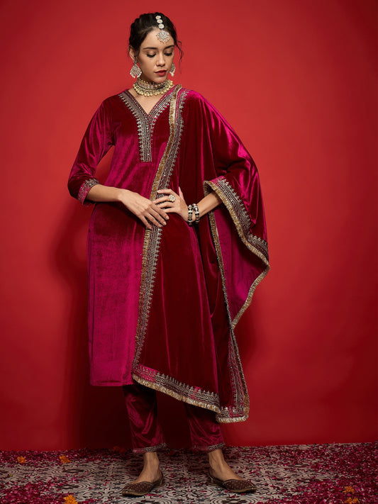 Women Fuchsia Velvet Embroidered Dushala