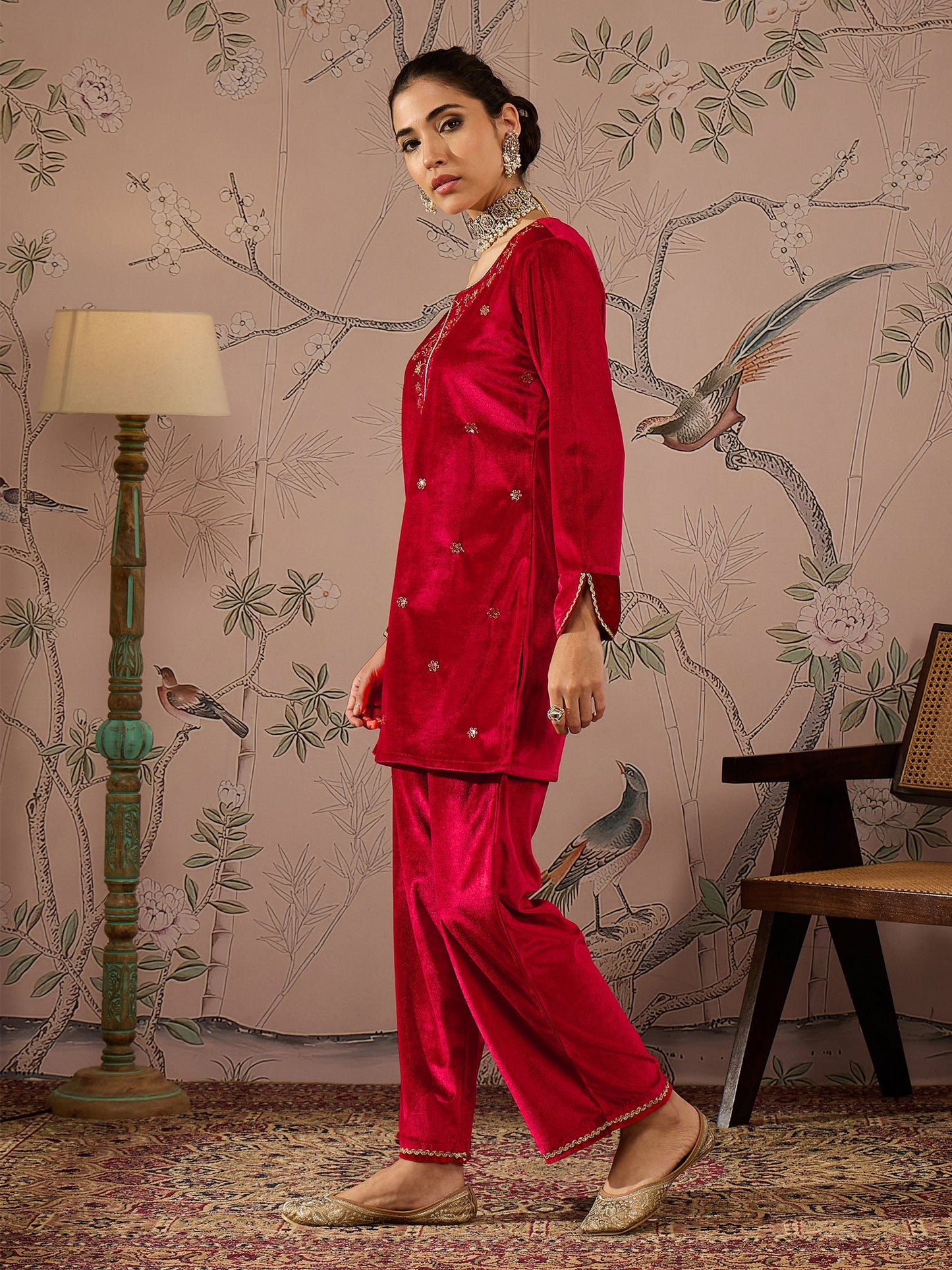 Women Red Velvet Embroidered Short Kurta With Straight Pants